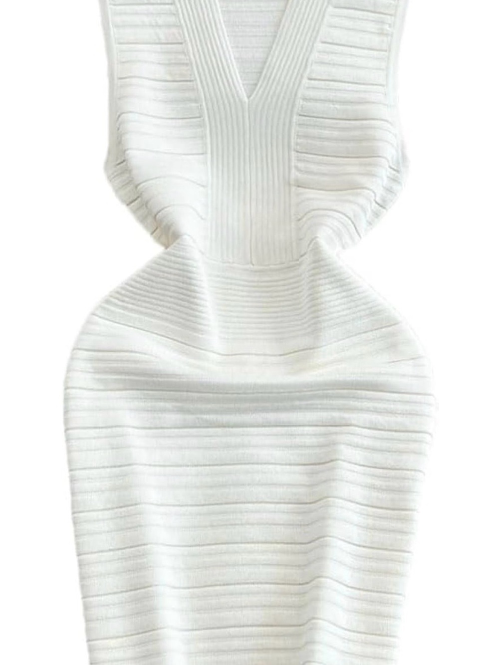 Sleeveless White Ribbed V-Neck Dress - Picture 3 of 5